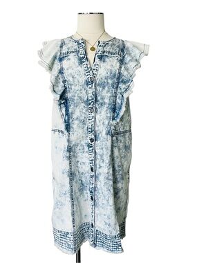 ANTHROPOLOGIE Light Blue Acid-Wash Denim Dress Pilcro Flutter Sleeve Button Sz M